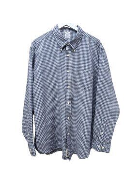 BROOKS BROTHERS Regent Irish Linen Shirt XXL Blue Check Button Down Long Sleeve
